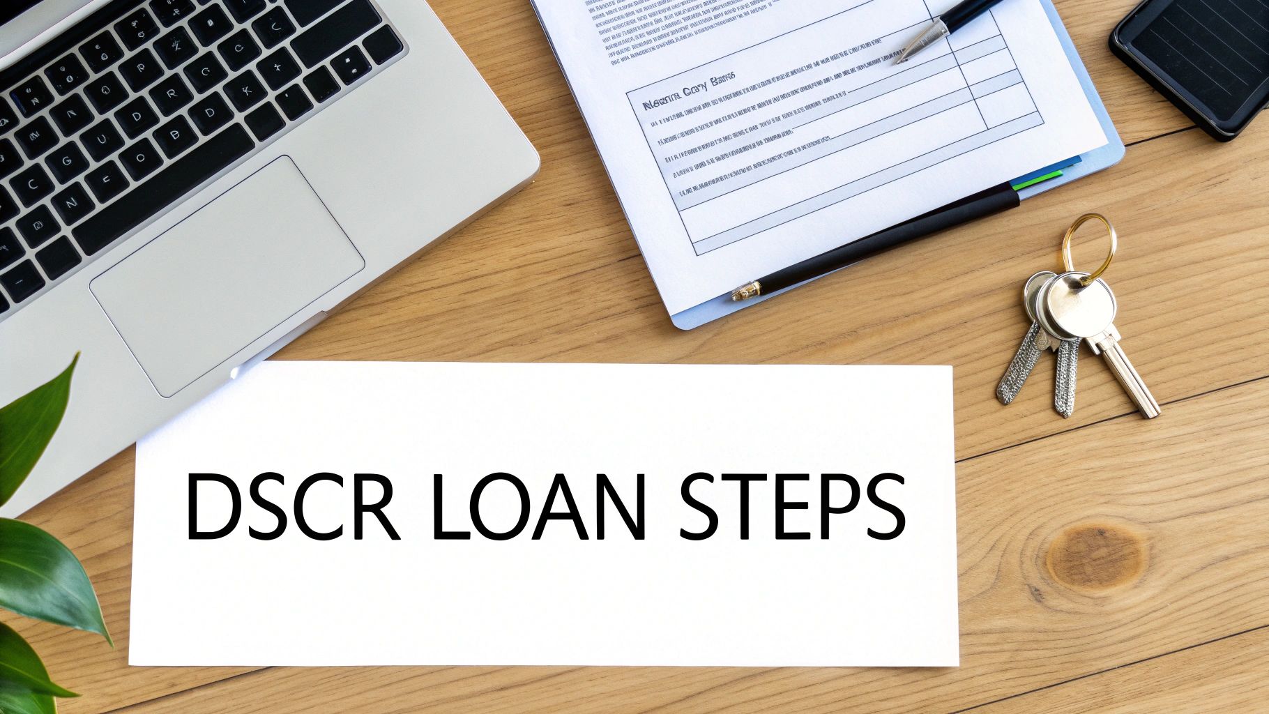 A top-down view of a desk with a laptop, documents, keys, and a sign reading 'DSCR LOAN STEPS'.