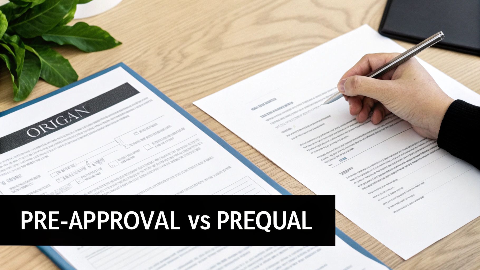 A person's hand writing with a pen on a document titled "PRE-APPROVAL vs PREQUAL".