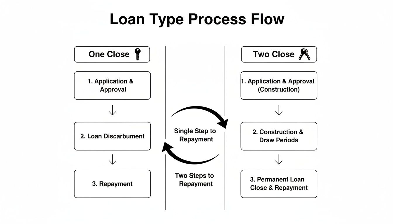 Flowchart illustrating two loan types: 'One Close' and 'Two Close' processes for repayment.