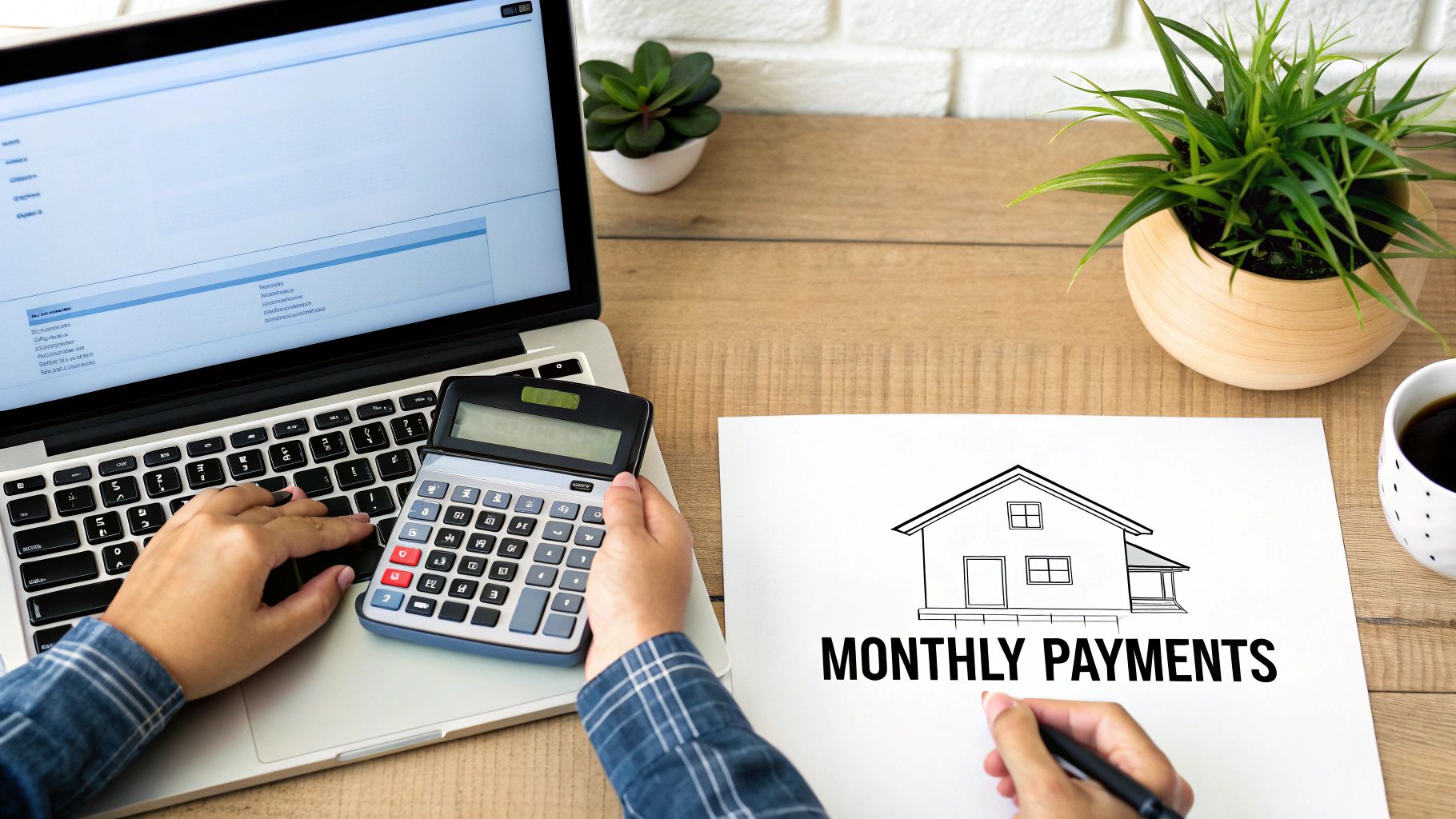 A person calculating house monthly payments with a calculator and laptop on a wooden desk.