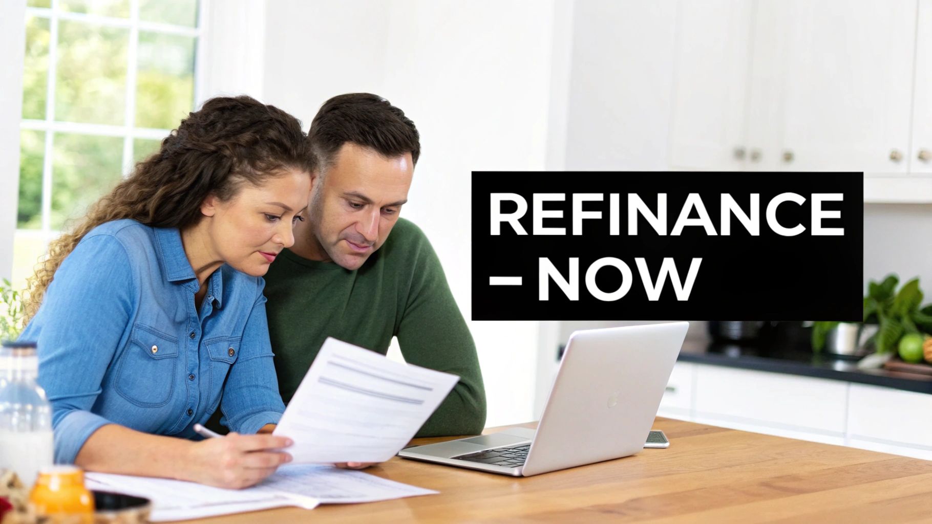 A couple reviews documents and a laptop on a kitchen table, with an overlay "REFINANCE - NOW".
