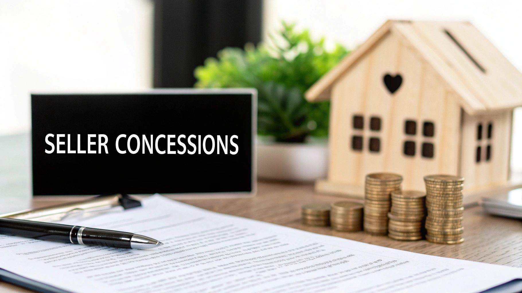 A desk with a sign reading 'SELLER CONCESSIONS', a model house, stacked coins, and documents.