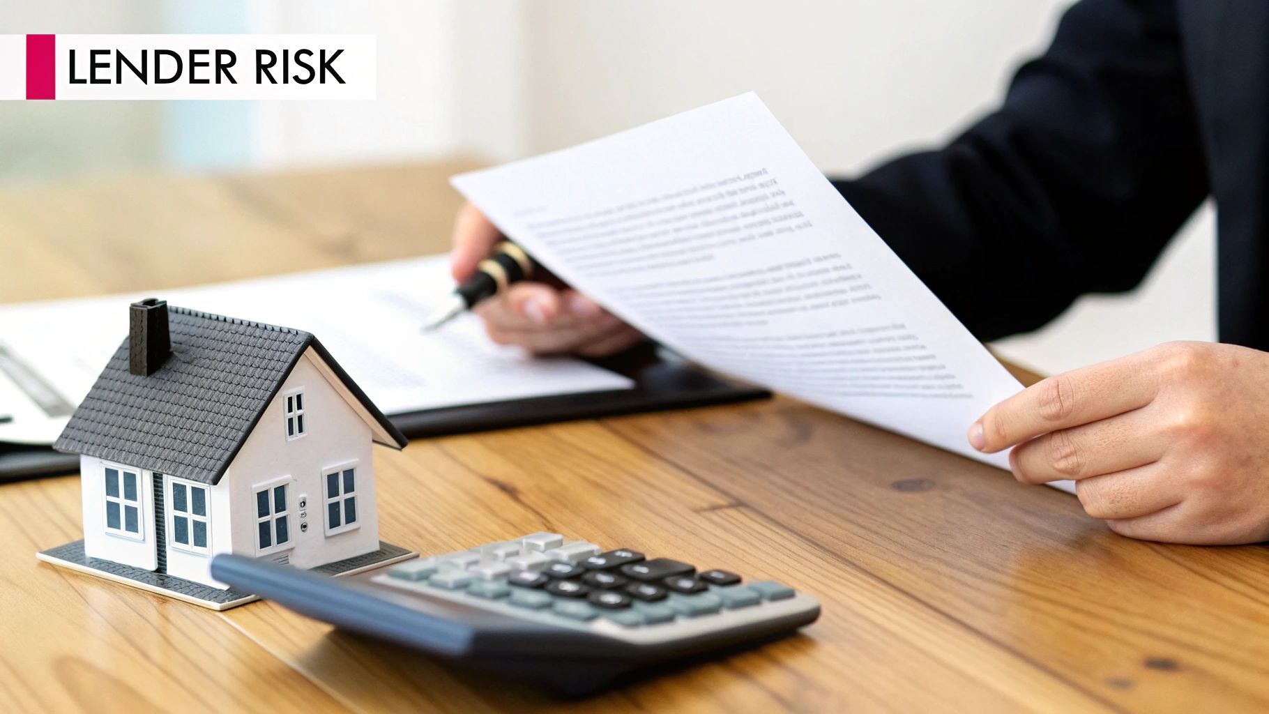 Person reviewing loan documents for a house and calculator, highlighting lender risk in real estate finance.