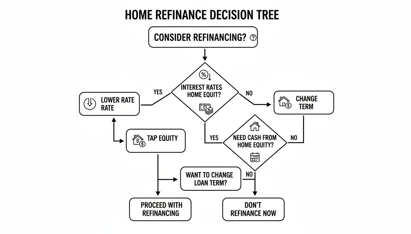 A home refinance decision tree flowchart guiding users through various refinancing considerations.