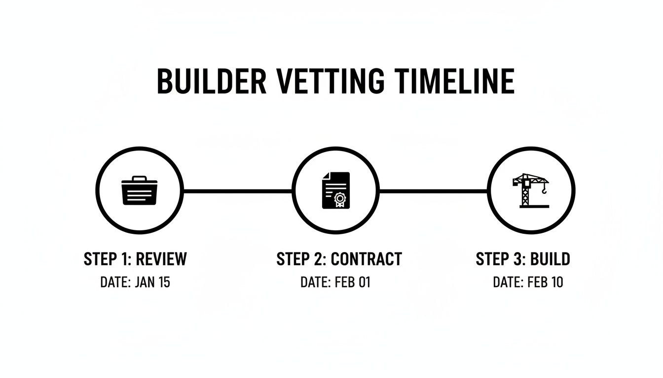 A builder vetting timeline showing review, contract, and build steps with associated dates.
