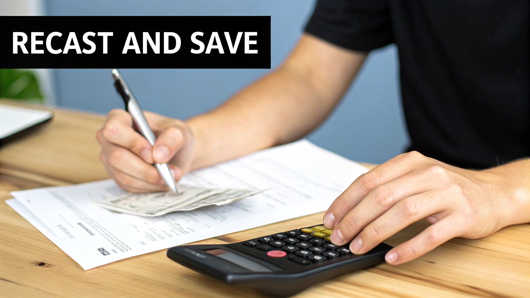 Hands using a calculator and pen on a desk with financial documents and money.