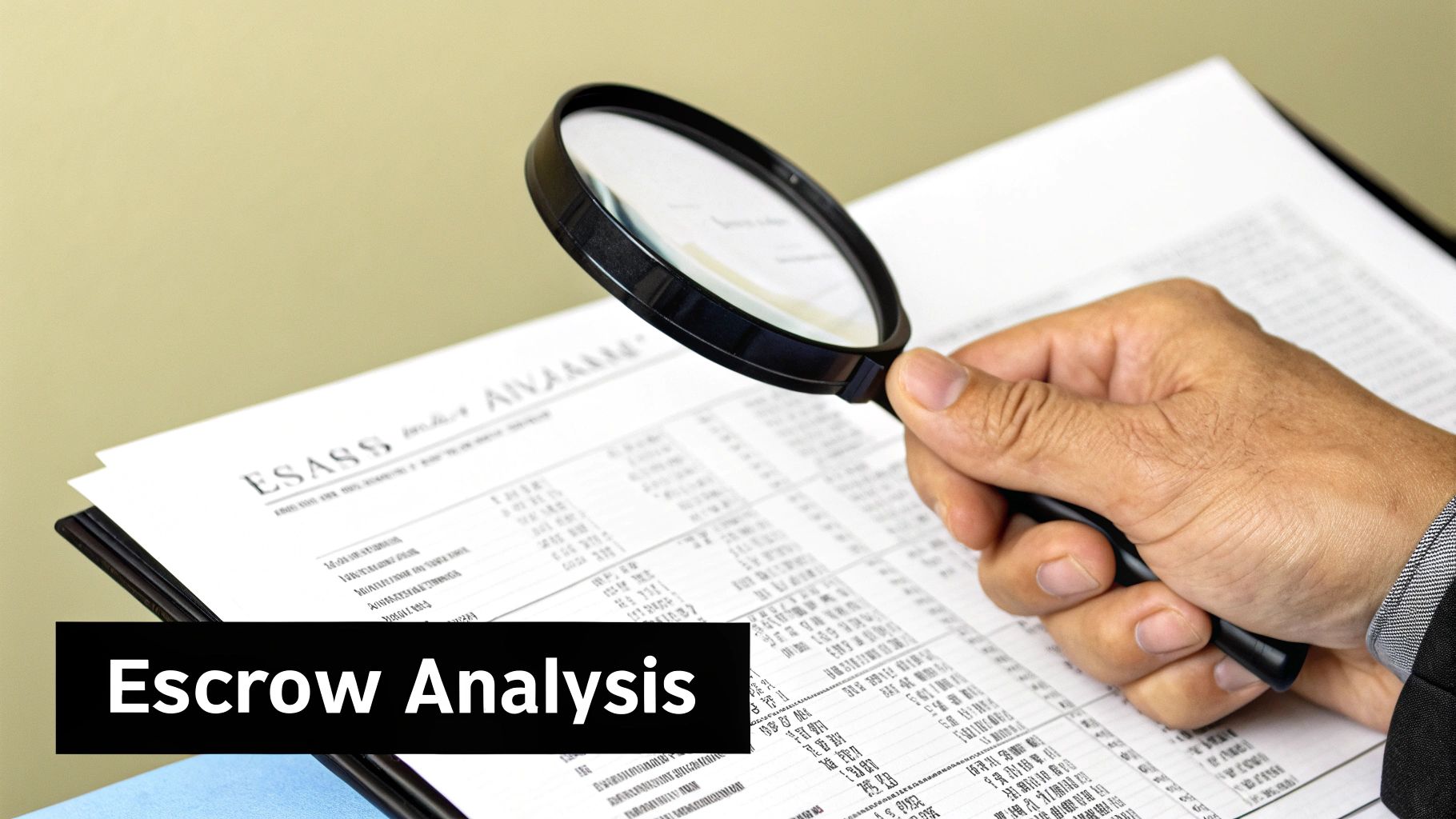 A hand using a magnifying glass to review financial documents for escrow analysis.