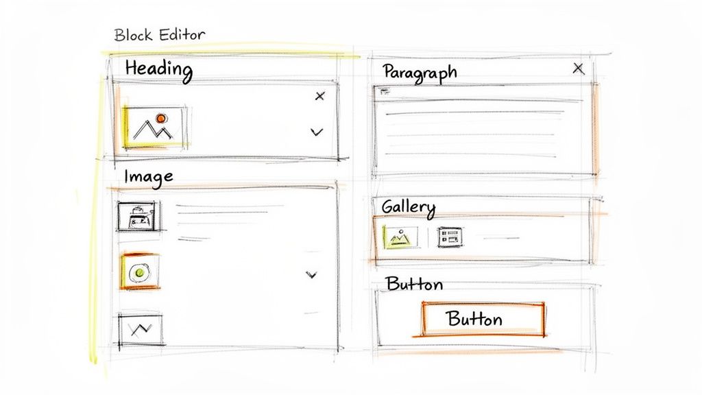 Hand-drawn sketch of a block editor interface showing content blocks for heading, image, paragraph, gallery, and button.