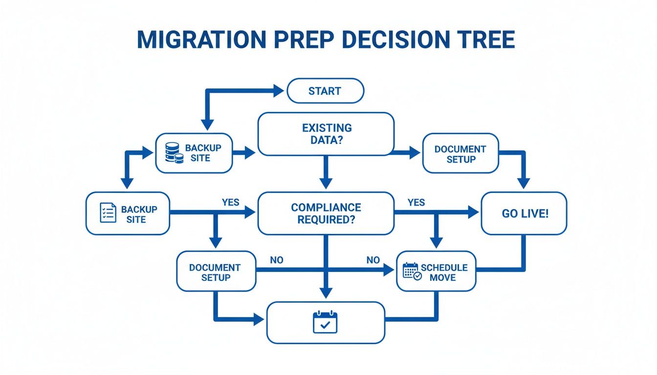 Flowchart outlining migration preparation steps, including existing data, backup, compliance, and scheduling a move.