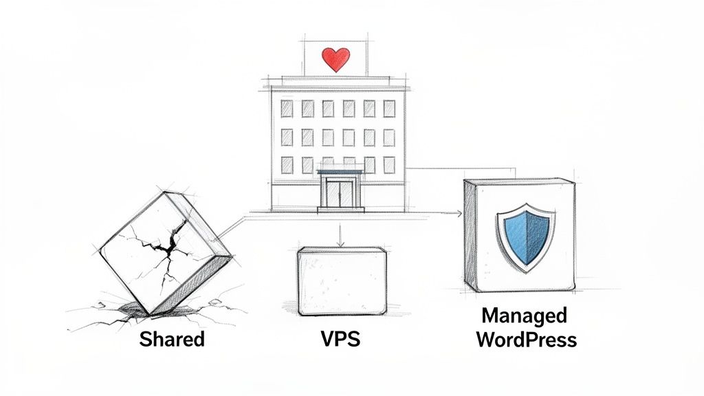 Sketch comparing shared, VPS, and managed WordPress hosting options for a nonprofit website, highlighting security.