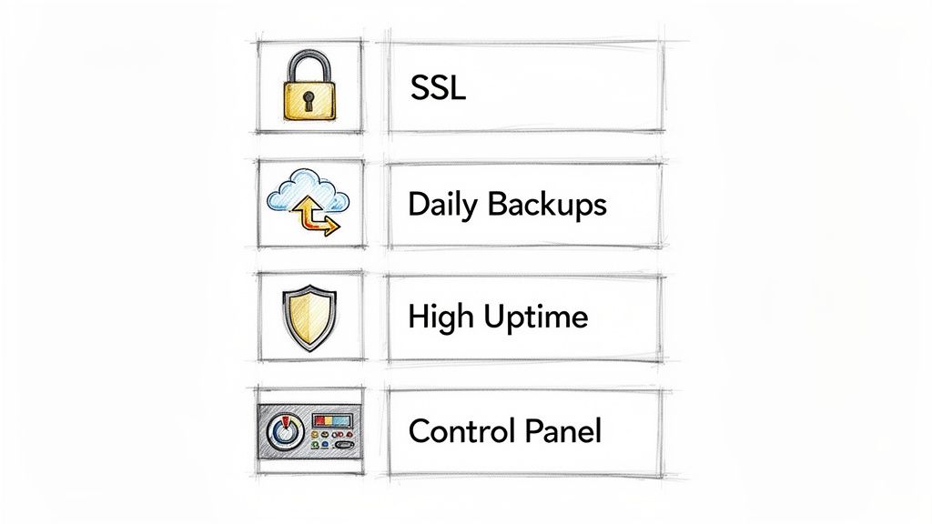 Visual list of hosting features: SSL, Daily Backups, High Uptime, and Control Panel.