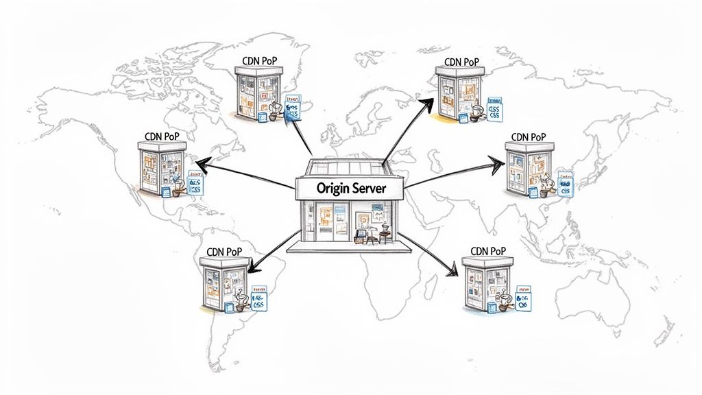 Global map showing an origin server distributing website content to multiple CDN points of presence.