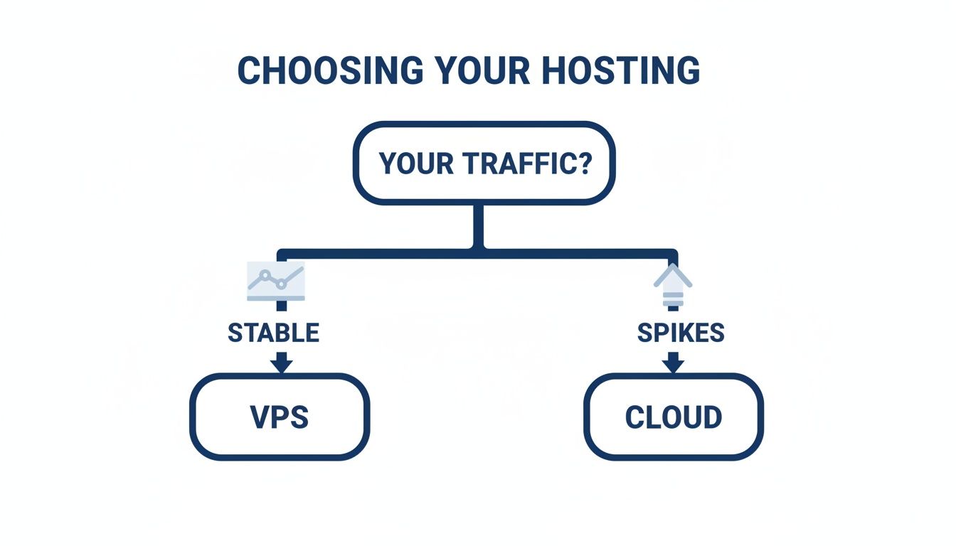 Flowchart guiding hosting choice: stable traffic leads to VPS, spiky traffic to cloud hosting.