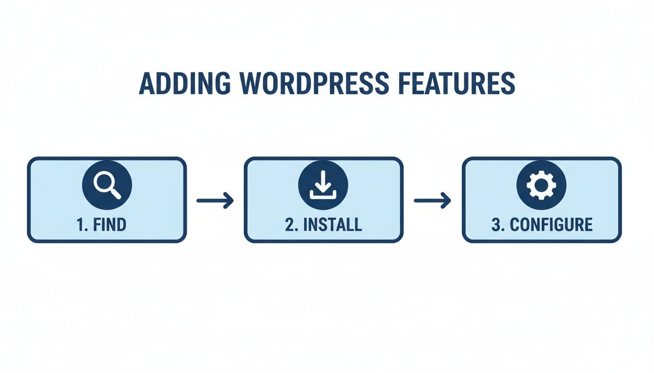 Flowchart illustrating three steps to add WordPress features: find, install, and configure with icons.
