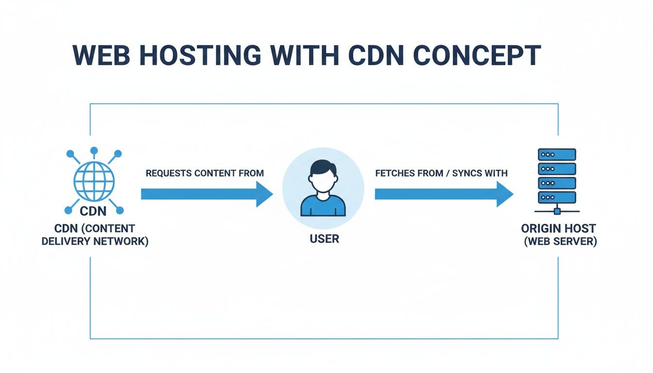 Diagram illustrating the web hosting process with a Content Delivery Network (CDN) and origin server.