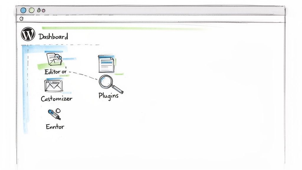 A hand-drawn sketch of a WordPress dashboard interface with options like Editor, Customizer, and Plugins.