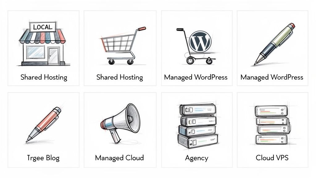 Eight icons depicting various hosting services including shared hosting, managed WordPress, blog, cloud, agency, and VPS.