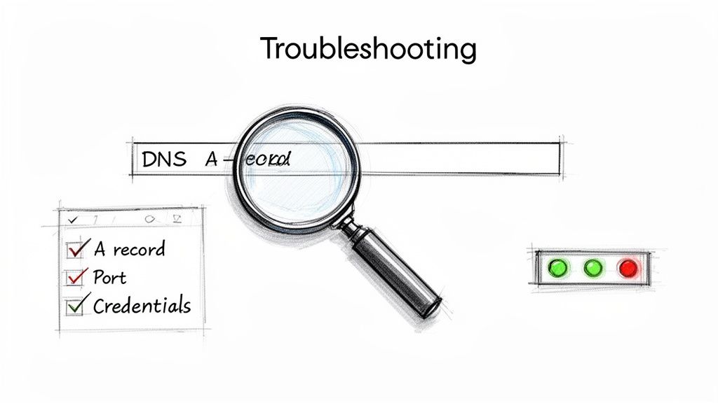 Troubleshooting steps showing DNS A-record lookup, a checklist with checks for A record, Port, and Credentials, and status lights.