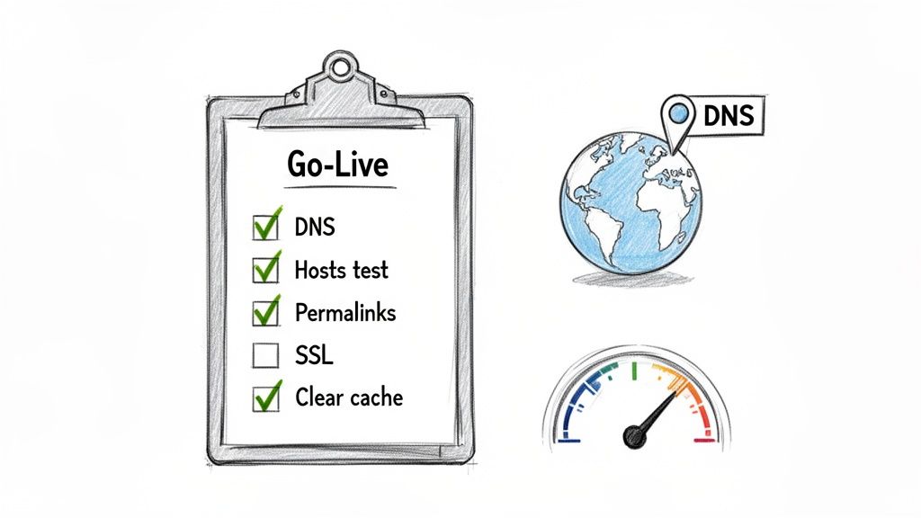 A website go-live checklist, showing DNS, hosts test, permalinks, SSL, and clear cache, with a globe and speed gauge.