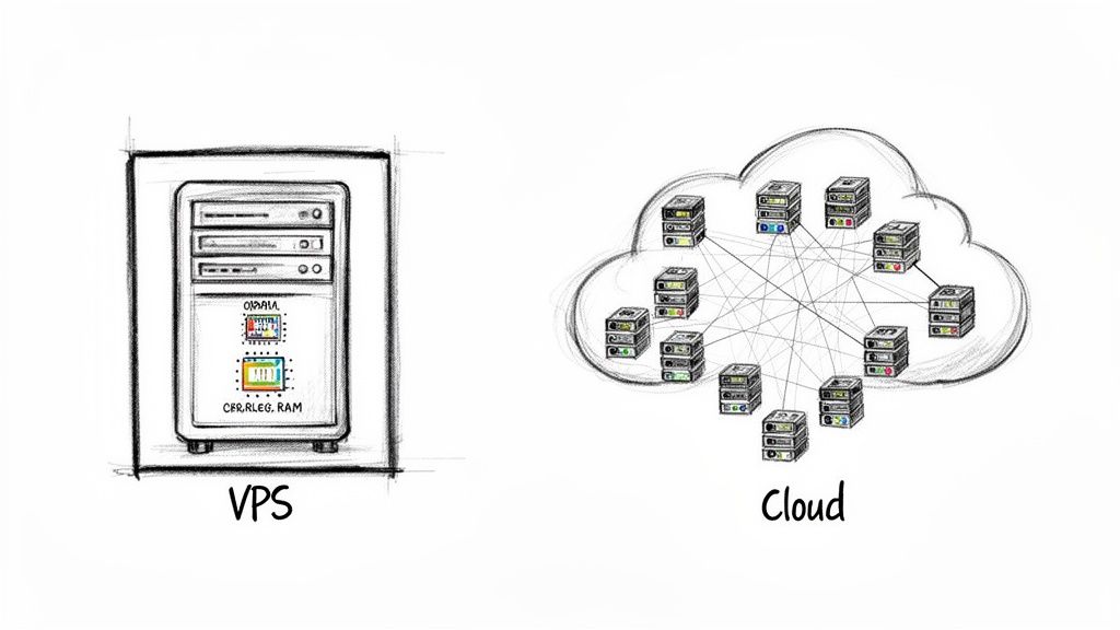 Sketch illustrating the difference between VPS hosting (a single server) and cloud hosting (multiple connected servers).