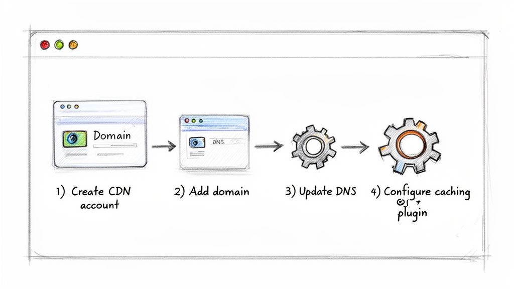 A four-step diagram illustrating how to set up a Content Delivery Network (CDN) with domain and DNS configuration.