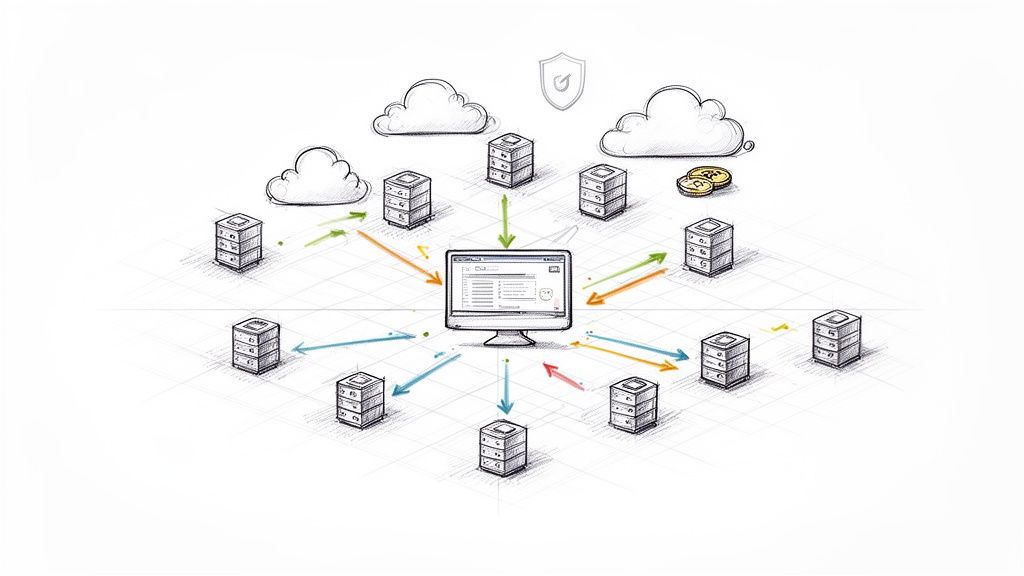 A detailed sketch illustrating cloud hosting architecture with servers, data flow, and a central monitor.