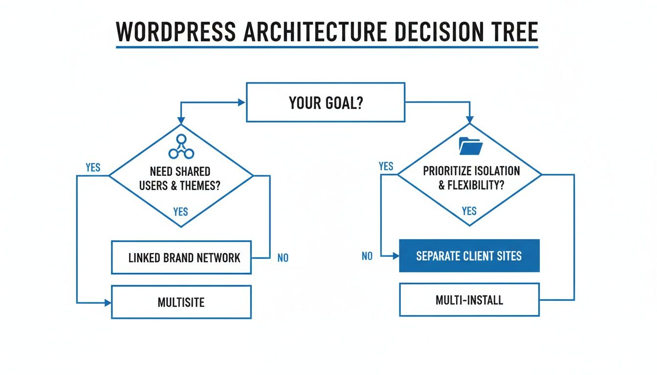 Flowchart illustrating WordPress architecture decisions based on goals like shared users, themes, isolation, and flexibility.