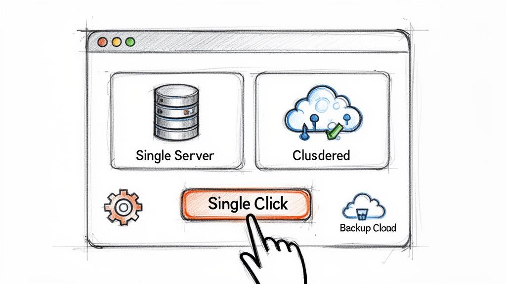 A hand clicks 'Single Click' on a software interface offering 'Single Server', 'Clustered', and 'Backup Cloud' options.