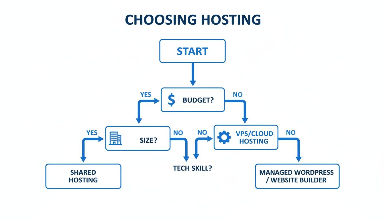 Flowchart guiding the selection of web hosting, considering budget, website size, and different hosting types.