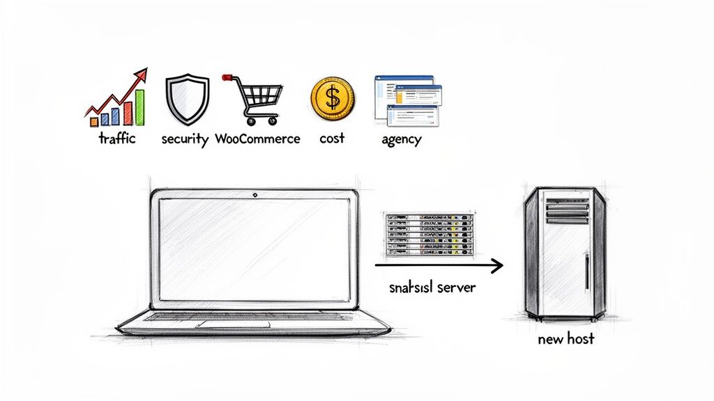 Illustration showing WordPress site migration to a new host, highlighting key considerations like traffic, security, cost, and e-commerce.