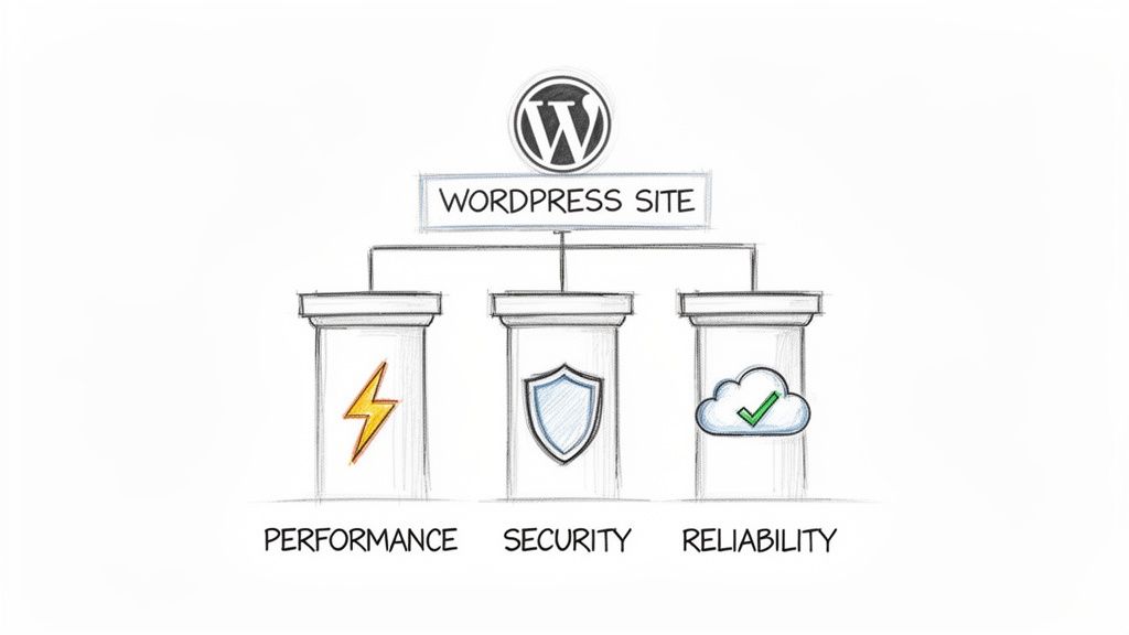 A diagram illustrating a WordPress site supported by pillars representing performance, security, and reliability.
