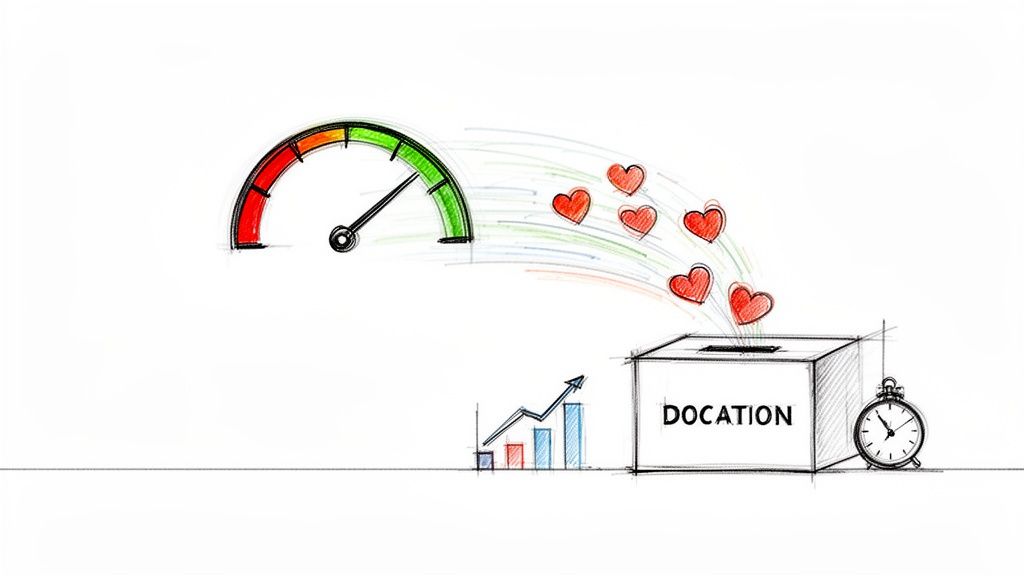 A sketch showing a speedometer in the green, hearts flowing into a 'DOCATION' box, a growth chart, and an alarm clock.