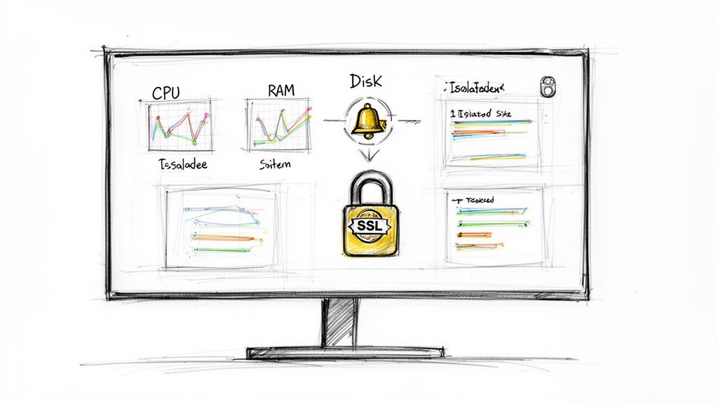 A sketch of a computer monitor displaying system performance graphs and an SSL security padlock.