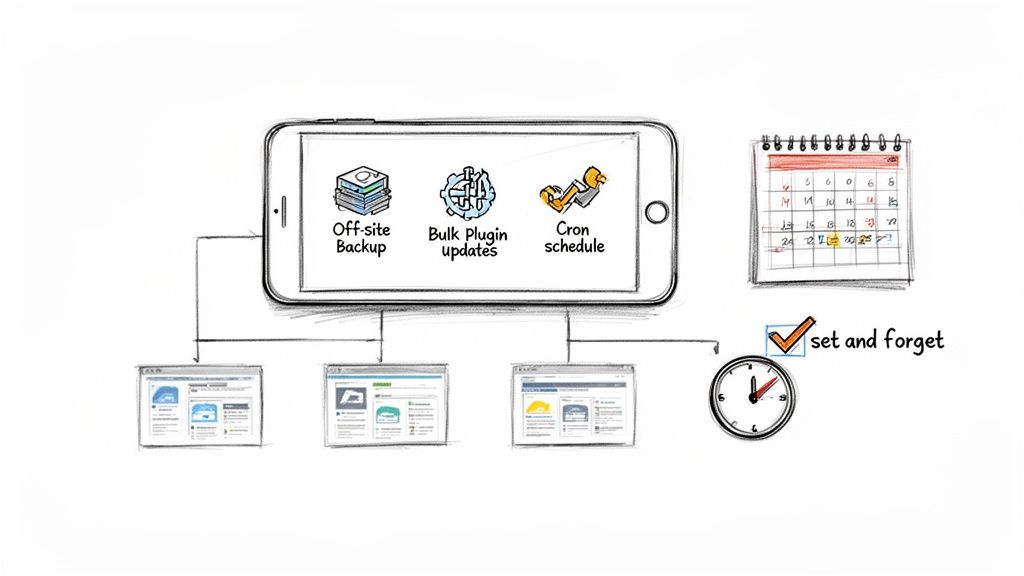 A diagram illustrates managing multiple websites via a smartphone, featuring off-site backup, bulk plugin updates, and cron scheduling with a 'set and forget' calendar and clock.