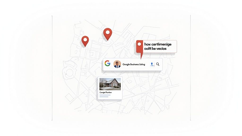 A digital map displaying multiple location pins, a Google Business Listing search bar, and a house photo.
