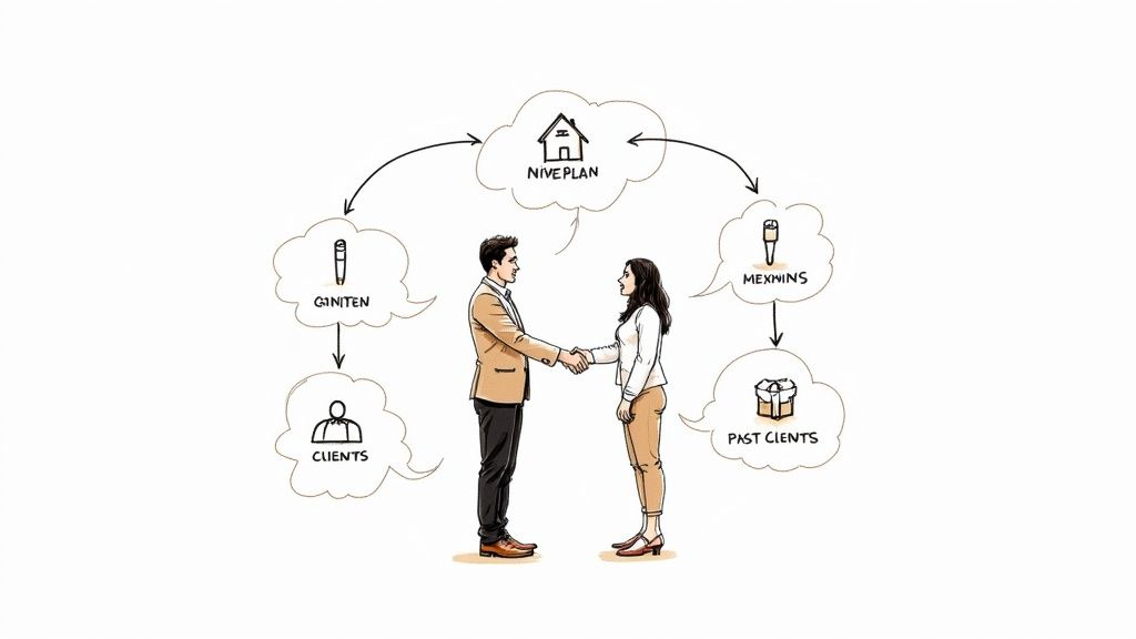 Dos personas de negocios dándose la mano en un diagrama sobre la adquisición de clientes y planificación en bienes raíces.