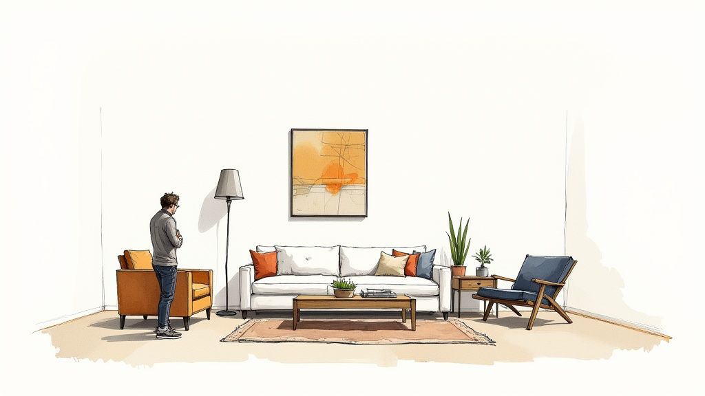 Ein wunderschön inszeniertes Wohnzimmer mit neutralen Farben, einem gemütlichen Sofa und viel natürlichem Licht.