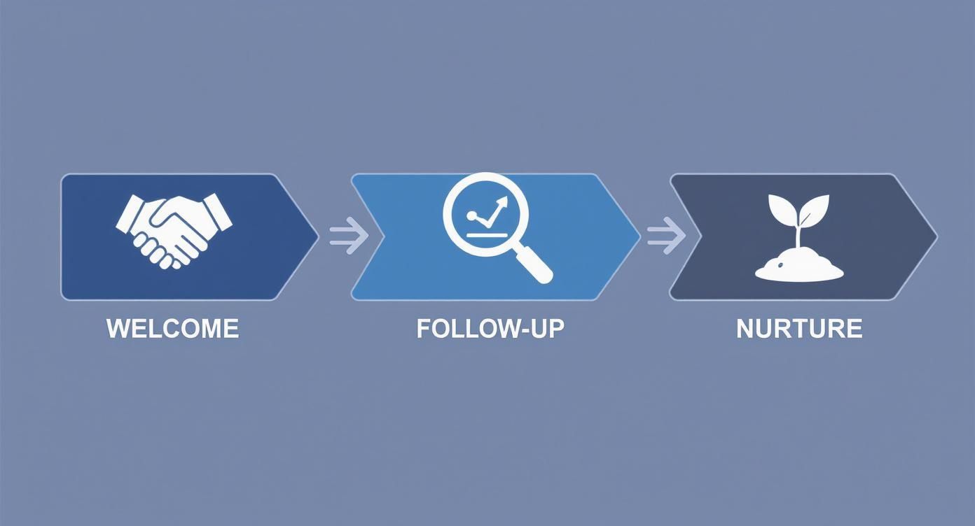 Un proceso de marketing de tres pasos que muestra las etapas de bienvenida, seguimiento y nutrición con iconos.