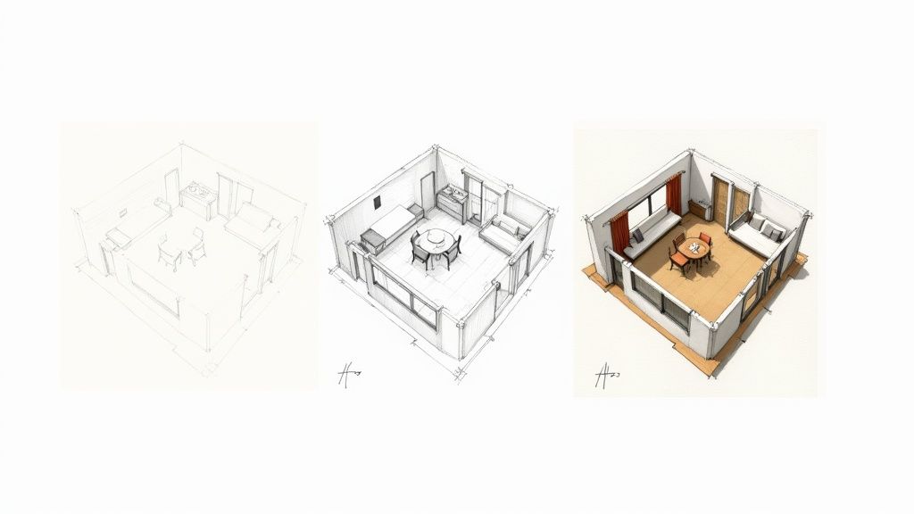 Un plano de planta detallado que muestra muebles, texturas e iluminación en un hogar moderno