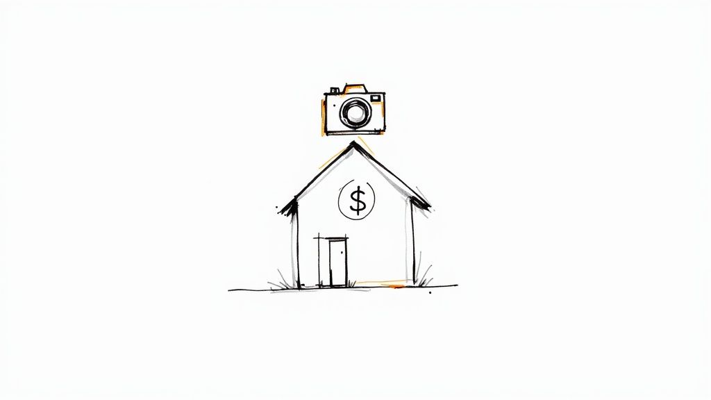 Ilustración simple de una casa con un signo de dólar y una cámara encima representando el negocio de la fotografía inmobiliaria