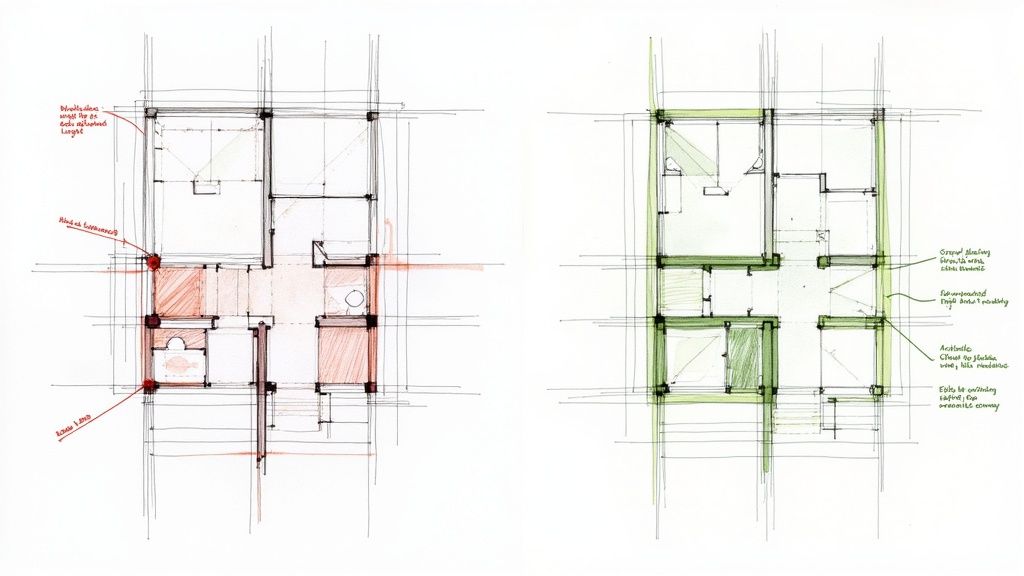 Un arquitecto revisando un plano de planta comercial con círculos rojos indicando errores comunes.