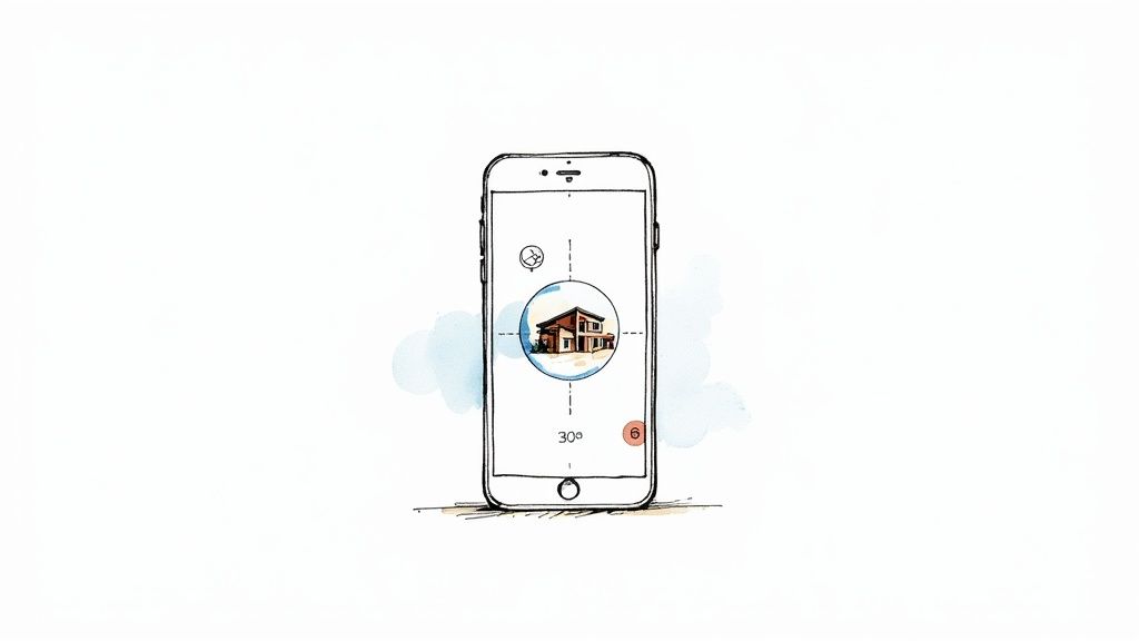 Ilustración de una pantalla de smartphone mostrando una casa, retícula y '30°' con un número 6.