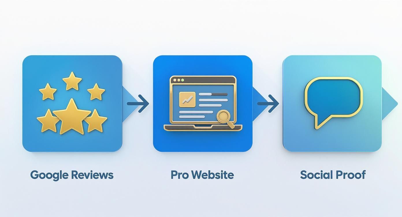 Un infográfico visual que ilustra el proceso de construcción de reputación en línea desde las reseñas de Google hasta la prueba social.