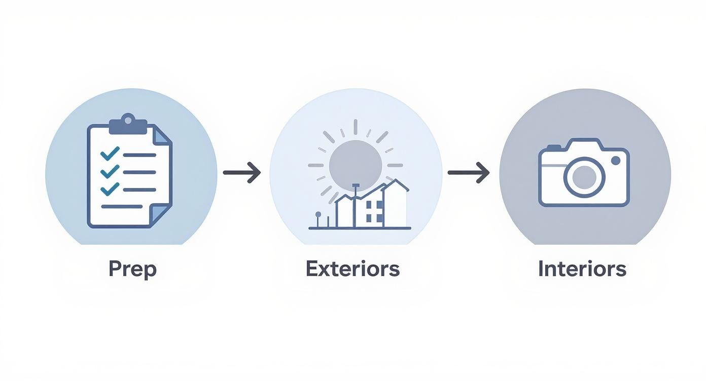 Flujo de trabajo de fotografía inmobiliaria en tres pasos que muestra lista de verificación de preparación, fotografía exterior y proceso de fotografía interior