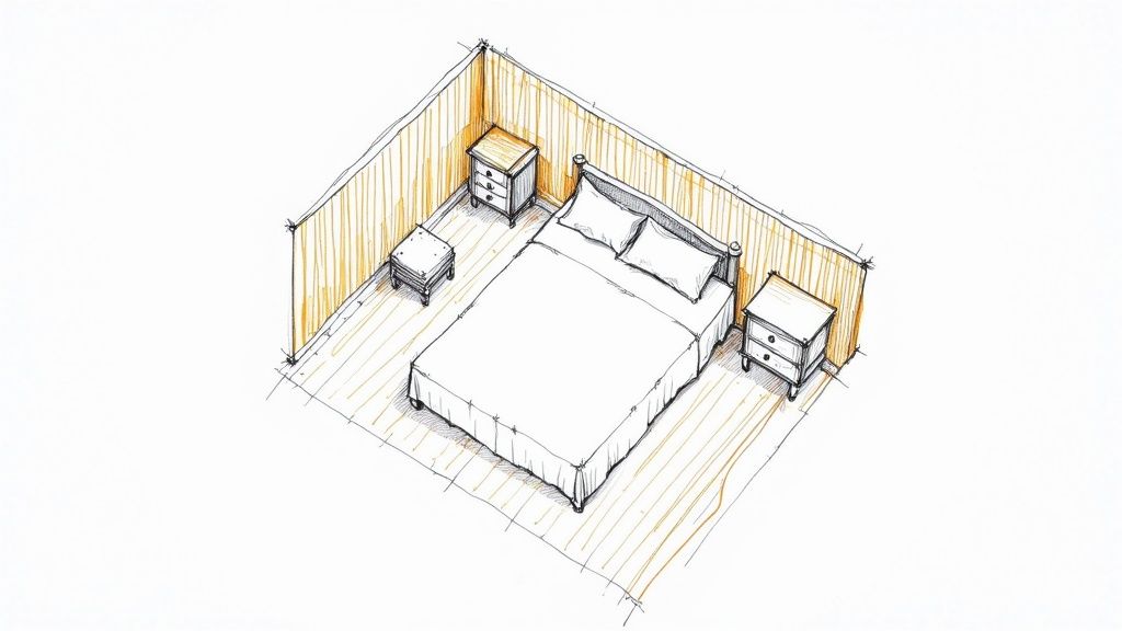 Un dormitorio bien organizado con una cama como punto focal y caminos despejados.