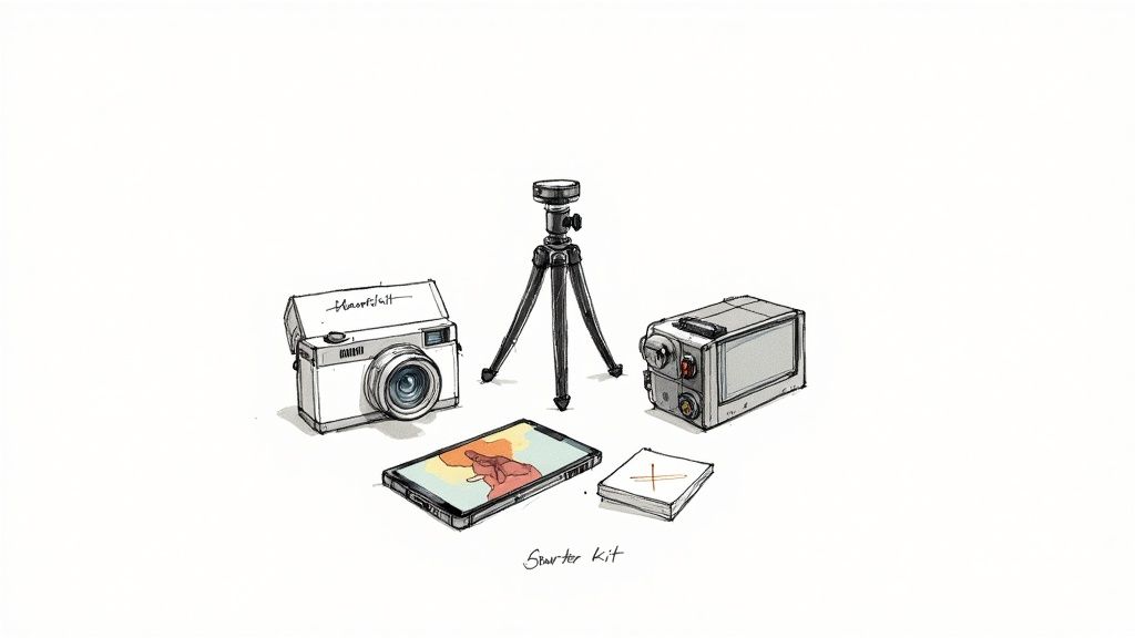 Un moderno soggiorno allestito professionalmente per un servizio fotografico virtuale a 360 gradi, con un treppiede e una fotocamera posizionati al centro.