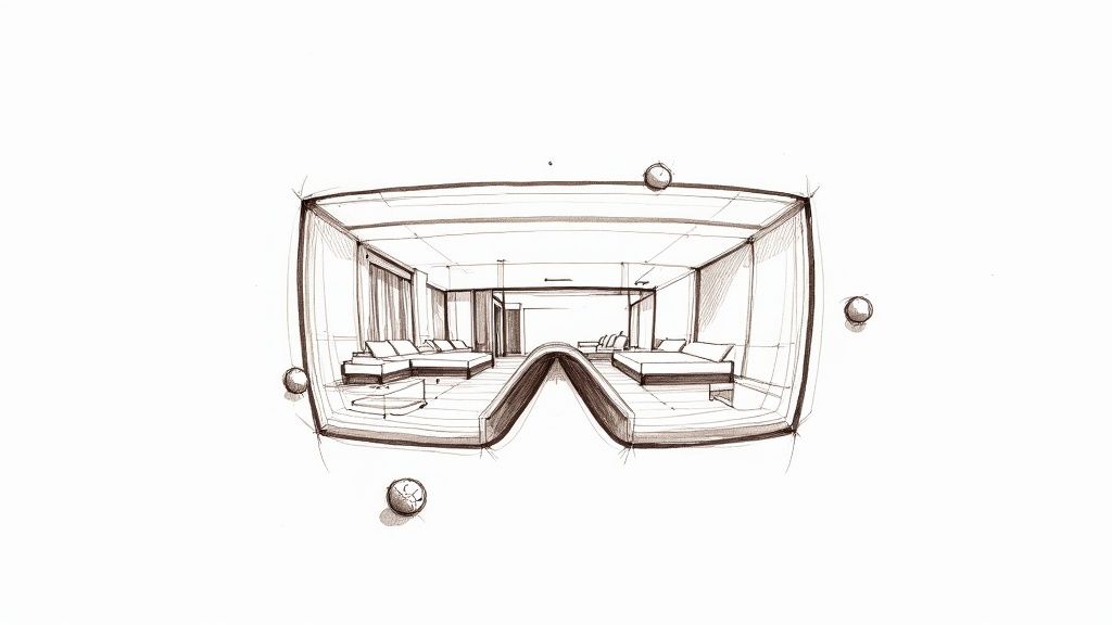 Casco de realidad virtual mostrando diseño interior de lujo moderno para una experiencia de visualización inmersiva de propiedades