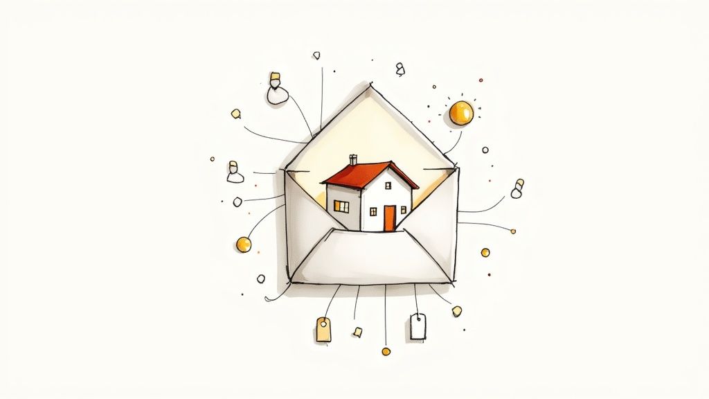 Una ilustración dibujada a mano de una casa dentro de un sobre abierto, conectándose a varios íconos de marketing digital.