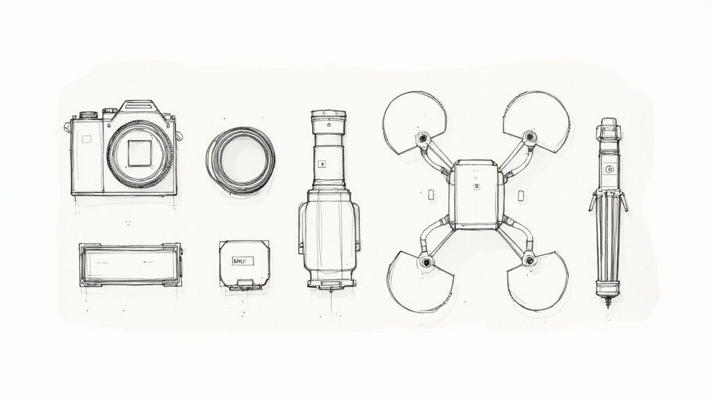 Ilustración técnica que muestra equipo de cámara, dron y trípode para equipo de fotografía profesional