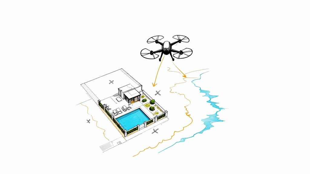 Drone capturando imágenes aéreas de una moderna villa de lujo con piscina para marketing inmobiliario
